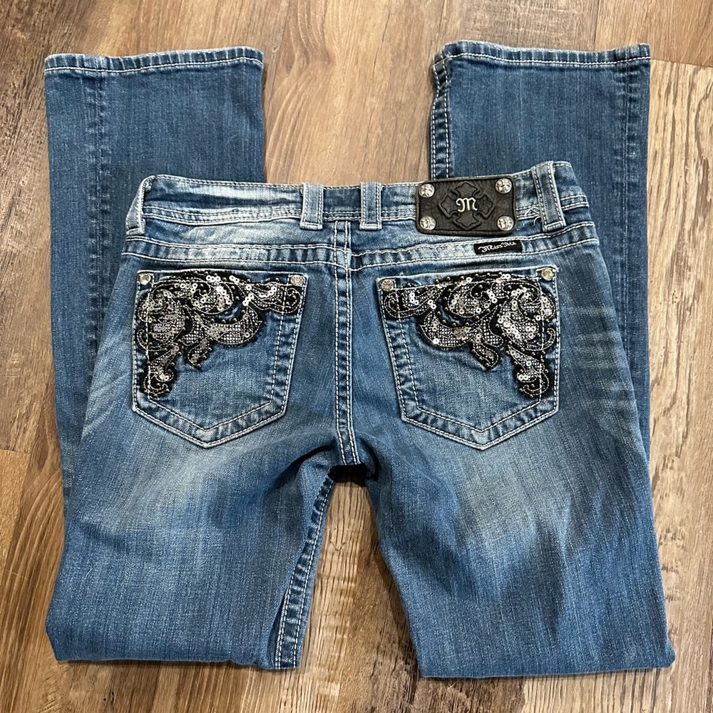 Miss Me Retro Denim Boot Cut Jeans with Embellished Pockets with Beads  Sz28
